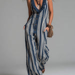 Retro Striped Cotton Blend Jumpsuit With Ruffled Trim