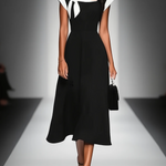 Women's Colorblock Square Neck Cap Shoulder Sleeve Waist Midi Dress