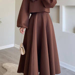 Three-Dimensional Floral Puff Sleeve Top + Long Swing Maxi Skirt Two-Piece Set