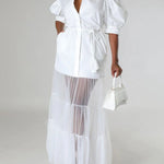 Puff Sleeves Gauze Pleated See-Through Solid Color Split-Joint Tied Waist Lapel Maxi Dresses