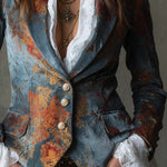 Retro Oil Painting Style Polyester Velvet Printed Double-breasted Blazer
