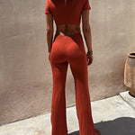 Nadorine Women's Crew Neck Short Sleeve Waist Cut Out Backless Casual Jumpsuit Romper
