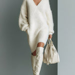 Women's White Elegant V - Neck Mini Sweater Dress
