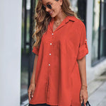 Nadorine Long Cuffed Sleeve Shirts Button Down V Neck Blouse Loose Fitting Tops