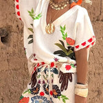 Loose Raglan Sleeve Printed Split-Joint V-Neck Blouses&Shirts Tops