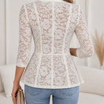Women's Lace Patchwork Blazer Elegant Shawl Lapel Peplum Coat Single Breasted Three Quarter Sleeve Outwear