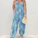 V Neck Street Daily Retro Printed Loose Fit Sleeveless Jumpsuits