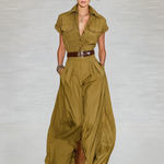 Women's Cotton Blend Lapel Single-breasted Short-sleeved Shirt Maxi Dress