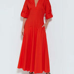 A-Line High Waisted Pleated Solid Color V-Neck Maxi Dresses Shirt Dress