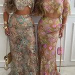 Fashionable Embroidered Flower Sequined Crop Top and Elegant Sheer Maxi Skirt Set