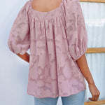 Nadorine Quare Neck Babydoll Tops 3/4 Puff Sleeve Lace Blouse Summer Floral Textured Shirts