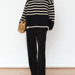 Long Sleeves Loose Contrast Color Split-Joint Split-Side Striped High Neck Sweater Tops