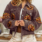 Halloween Pumpkin Sequined Distressed Corduroy Jacket