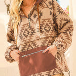 Nadorine Aztec Pull Over Hoodie with Zipper and Side Pockets, Long Sleeve BOHO Western style