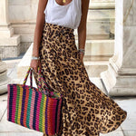 Today’s Journey Satin Leopard Tie Front Elastic Waist Midi Skirt