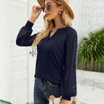 Nadorine V Neck Tops Solid Color Blouse Long Sleeve Pullover Lace Patchwork Shirt