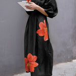Half Sleeves Loose Flower Print Round-Neck Midi Dresses