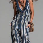Retro Striped Cotton Blend Jumpsuit With Ruffled Trim