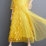 Loose Short Sleeves Asymmetric Gauze Split-Joint Round-Neck Midi Dresses