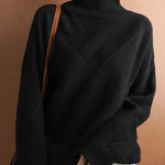 Casual Loose Solid Color Striped High-Neck Long Sleeves Sweater Tops