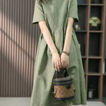 Nadorine Women's Crew Neck Cotton Linen Plain Dress Casual Loose Short Sleeve Sundress with Pockets