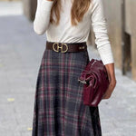 Retro style wide hem plaid skirt