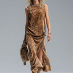 Leopard Print Crew Neck Sleeveless Vest And Split-hem Velvet Skirt Set