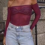 Garcelle Mesh Twist Sequin Bardot Neck Long Sleeve Stretch Top