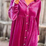 Long Sleeve Ruffle Velvet Button Up Shirt Dress
