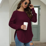 Nadorine Crew Neck Long Sleeve Slit Pullover Knit Sweater