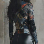Irregularity Long Sleeves Contrast Color Printed Split-Joint Half Turtleneck Blouses&Shirts Tops