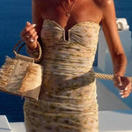 Santorini Sunset Delicate Floral Print Strapless Chiffon Maxi Dress