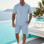 KZZ Men's Solid Polo Shirt & Drawstring Waist Shorts Set