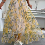 Summer Lemon Print Elastic Waist Tulle Holiday Midi Skirt