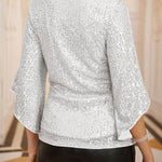 Solid Color Sequined V-neck Hollow Sleeve Slim Fit Top