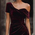Midnight Asymmetrical Velvet Midi Dress
