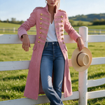 Vintage Washed Denim Military Officer Longline Gold-Button Fitted Statement Coat Women