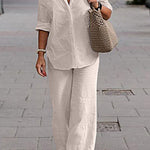 Two Piece Set Lapel Long-Sleeved Shirt Casual Solid Color Wide-Leg Pants Suit