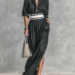 Women's Imitation Cupro Fabric Lapel Single-breasted Long-sleeved Waist Maxi Dress