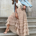 Nadorine Women's A-Line Patchwork Mesh Cake Skirt Casual Solid Color High Waist Loose Ruffled Pleated Long Tulle Skirt