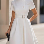 Short Sleeves Belted Buttoned Solid Color Stand Collar Mini Dresses