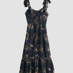Vintage Floral Dress Frill Neck Sleeveless Strap Tie Ruffle Hem Beach Dress
