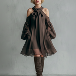 Women's Chocolate Brown Chiffon Dress With Tie-Neck & Cold-Shoulder Puff Sleeves, Timeless Romantic-Edgy Style Dress