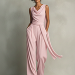 Women's Blush Pink Ribbed Knit Jumpsuit With Cowl Neck & Self-Tie Waist, Timeless Romantic-Luxe Style Jumpsuit