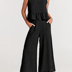 Nadorine 2 Piece Outfits Sleeveless Ruffle Tank Crop Top and Wide Leg Pants Lounge Set with Pockets
