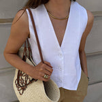 Sleeveless Button Down V Neck Crop Top Summer Vest Waistcoat