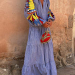Red and white striped print long dress