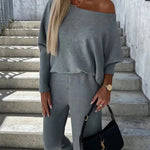 Solid Color Two Pieces Sets Off-shoulder Bat Sleeve Top Casual Wide Leg Pants Suit