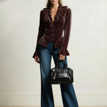Elasticated Waist Flared Sleeves Buttoned Pleated Ruffled Solid Color Split-Joint Deep V-Neck Blouses&Shirts Tops