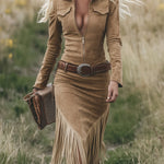 Retro Western Lapel Zipper Long Sleeve Tassel Midi Dress